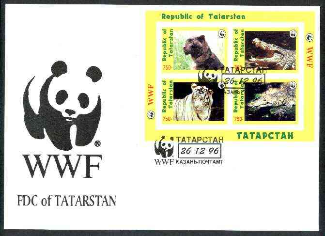 Tatarstan Republic 1996 WWF imperf sheetlet containing complete set of 4 (Big Cats & Crocodiles) on illustrated cover with first day cancel, stamps on , stamps on  stamps on wwf       reptiles    animals    bears    cats, stamps on  stamps on  wwf , stamps on  stamps on 