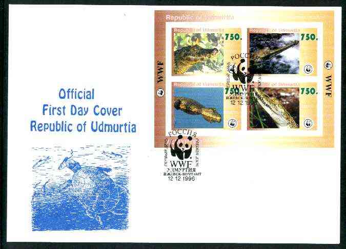 Udmurtia Republic 1996 WWF imperf sheetlet containing complete set of 4 Crocodiles on illustrated cover with first day cancel, stamps on wwf       reptiles, stamps on  wwf , stamps on 