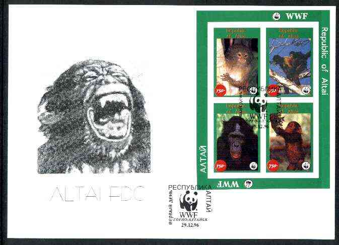 Altaj Republic 1996 WWF imperf sheetlet containing complete set of 4 Monkeys on illustrated cover with first day cancel, stamps on wwf       animals    apes, stamps on  wwf , stamps on 
