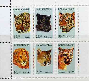 Karakalpakia Republic 1997 Big Cats #2 perf sheetlet containing complete set of 6 unmounted mint, stamps on animals    cats