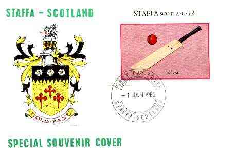 Staffa 1982 Sports Accessories (Cricket Bat) imperf deluxe sheet (\A32 value) on illustrated cover with first day cancellation, stamps on sport    cricket
