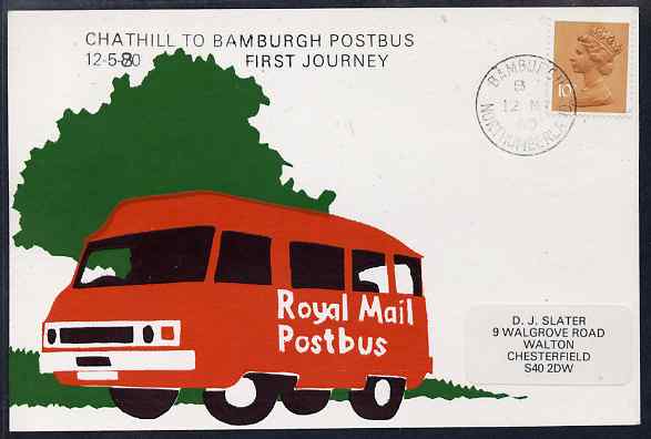 Postcard of Royal Mail Postbus (privately produced) used for first journey of Chathill to Bamburgh Service (handstamp with 1970 date error corrected to 1980), stamps on buses, stamps on postal