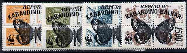 Kabardino-Balkaria Republic - WWF Butterflies opt set of 5 values, each design opt'd on  block of 4 Russian defs (total 20 stamps) unmounted mint, stamps on wwf    butterflies, stamps on  wwf , stamps on 