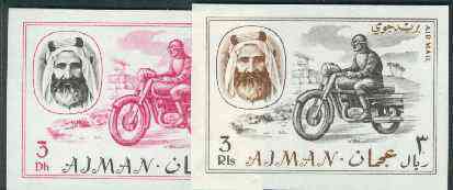 Ajman 1967 Motorcyclist (3Dh & 3R from Transport imperf set of 14) unmounted mint Mi 129 & 138, stamps on motorbikes