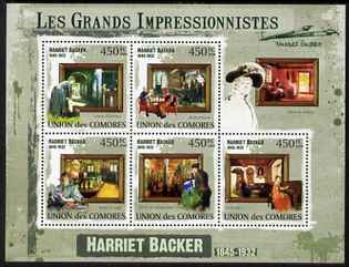 Comoro Islands 2009 Impressionists - Harriet Backer perf sheetlet containing 5 values unmounted mint, stamps on personalities, stamps on arts, stamps on impressionists, stamps on 