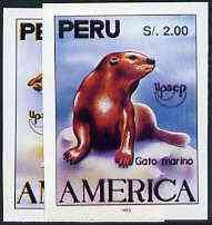 Peru 1993 'America' Fauna the unissued imperf set of 2 (c 6,000 ptas = \A325), stamps on animals   seals
