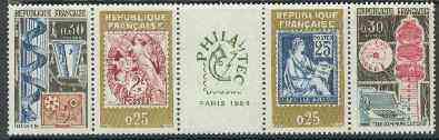 France 1964 'Philatec 1964' Stamp Exhibition strip of 4 with label unmounted mint, SG 1643a, stamps on stamp exhibitions, stamps on stamp on stamp, stamps on telephone, stamps on communications, stamps on posthorn , stamps on stamponstamp