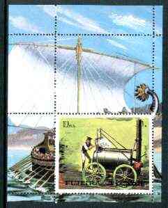 Fujeira 1972 Railway Locomotives perf m/sheet with Egyptian Long Boat  in background unmounted mint Mi BL 130A, stamps on railways    ships    egyptology