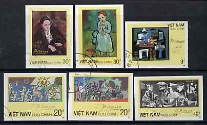Vietnam 1987 Paintings by Picasso imperf set of 6 cto used (very scarce with only a limited number issued thus) as SG 1124-29*, stamps on arts    picasso