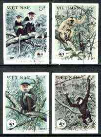 Vietnam 1987 WWF Monkeys imperf set of 4 cto used (imperf mint set cat $120 by Scott, unpriced used) as SG 1120-23*, stamps on wwf    animals    apes, stamps on  wwf , stamps on 