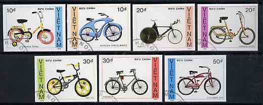 Vietnam 1988 Bicycles imperf set of 7 cto used (very scarce with only a limited number issued thus) as SG 1241-47*, stamps on bicycles