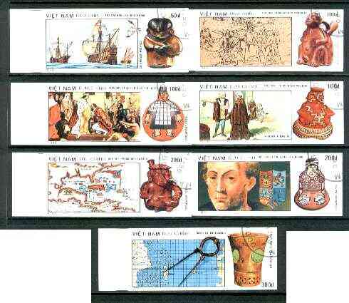 Vietnam 1989 500th Anniversary of Discovery of America by Columbus (1st Issue) imperf set of 7 cto used (very scarce with only a limited number issued thus) as SG 1372-78..., stamps on americana    ships    explorers     columbus    artefacts