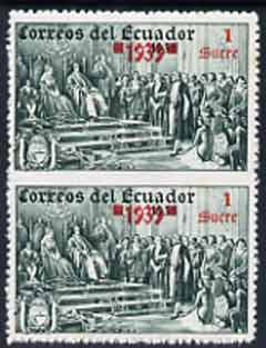 Ecuador 1939 the unissued Columbus 1 sucre value vert pair imperf between, unmounted but slight signs of ageing on gum, stamps on columbus, stamps on explorers, stamps on personalities
