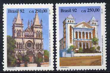 Brazil 1992 Church Anniversaryesaries set of 2, SG 2513-14 unmounted mint*, stamps on churches
