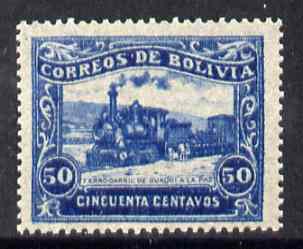 Bolivia 1914 La Paz Railway 50c blue from the unissued pictorial set of 9 (see note after SG 141) unmounted mint*, stamps on railways