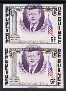 Guinea - Conakry 1964 Kennedy Memorial 5f imperf proof pair with portrait misplaced 5mm unmounted mint, as SG 426, stamps on kennedy, stamps on flags, stamps on personalities, stamps on americana