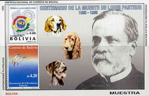 Bolivia 1995 Death Centenary of Louis Pasteur imperf m/sheet opt'd MUESTRA, stamps on scientists       dogs        medical    death