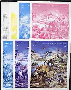 Abkhazia 1997 Dinosaurs composite sheetlet containing 8 values - the set of 7 imperf progressive proofs comprising the 4 individual colours plus 2, 3 and all 4-colour com..., stamps on dinosaurs