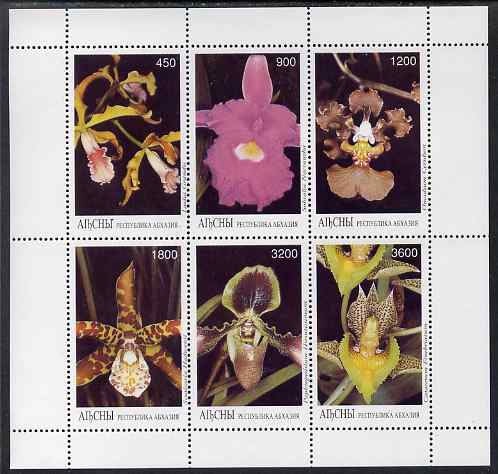 Abkhazia 1996 Orchids perf sheetlet containing complete set of 6 values unmounted mint, stamps on orchids, stamps on flowers