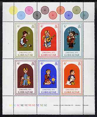 Gibraltar 1975 Christmas sheetlet containing set of 6 unmounted mint, SG 349a, stamps on christmas    children