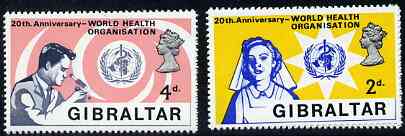 Gibraltar 1968 World Health Organisation set of 2, SG 227-28 unmounted mint*, stamps on , stamps on  stamps on united nations, stamps on  stamps on  who , stamps on  stamps on medical, stamps on  stamps on nurses
