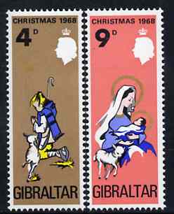 Gibraltar 1968 Christmas set of 2 unmounted mint, SG 231-22*, stamps on christmas   
