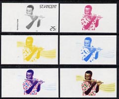 St Vincent 1985 Musical Instruments 25c (Bamboo Flute) set of 6 imperf progressive proofs comprising the 4 individual colours plus 2 & 3 colour composites (as SG 905), stamps on music, stamps on musical instruments