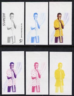 St Vincent 1985 Musical Instruments $1 (Ba-ha Bamboo Pipe) set of 6 imperf progressive proofs comprising the 4 individual colours plus 2 & 3 colour composites (as SG 907), stamps on music, stamps on musical instruments