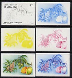 St Vincent - Grenadines 1985 Fruits & Blossoms $2 (Mango) set of 6 imperf progressive proofs comprising the 4 individual colours plus 2 & 3 colour composites (as SG 401) ..., stamps on flowers          fruit    mango