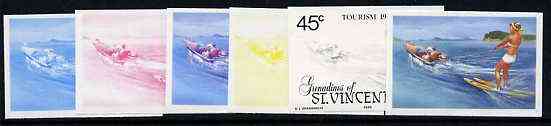 St Vincent - Grenadines 1985 Tourism Watersports 45c (Water Skiing) set of 6 imperf progressive proofs comprising the 4 individual colours plus 2 & 3 colour composites (as SG 387) unmounted mint, stamps on sport   tourism    water skiing