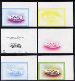 St Vincent - Grenadines 1986 Handicrafts $1 (Scrimshaw work) set of 6 imperf progressive proofs comprising the 4 individual colours plus 2 and 3-colour composites (as SG ..., stamps on crafts