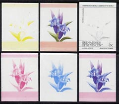 St Vincent - Grenadines 1985 Flowers (Leaders of the World) 5c the set of 6 imperf progressive proofs in se-tenant pairs comprising the 4 individual colours plus 2 and 3-colour composites (as SG 370a) unmounted mint, stamps on flowers      orchids
