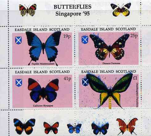 Easdale 1995 'Singapore 95' Stamp Exhibition (Butterflies) sheetlet containing perf set of 4 rejected by printer due to over-inking (blue) unmounted mint, stamps on , stamps on  stamps on butterflies