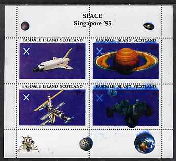 Easdale 1995 Singapore 95 Stamp Exhibition (Space Exploration) sheetlet containing perf set of 4 rejected by printer due to over-inking (blue) unmounted mint, stamps on space