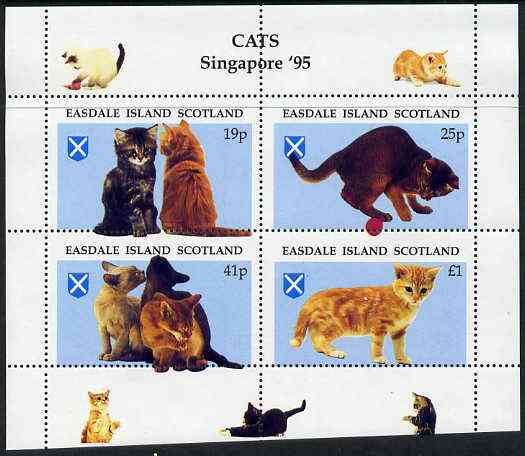 Easdale 1995 'Singapore 95' Stamp Exhibition (Cats) sheetlet containing perf set of 4 with perforations misplaced unmounted mint, stamps on cats