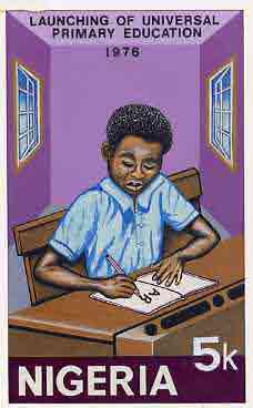 Nigeria 1976 Universal Primary Education - original hand-painted artwork for 5k value showing student writing at desk, by NSP&MCo Staff Artist Samuel A M Eluare, on card ..., stamps on education