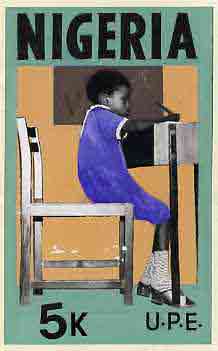 Nigeria 1976 Universal Primary Education - original hand-painted artwork for 5k value showing child writing at desk, by Sylva O Okereke, on card 5.5 x 9.5 endorsed B2, stamps on education     children