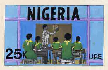 Nigeria 1976 Universal Primary Education - original hand-painted artwork for 25k value showing Teacher writing on Blackboard, by Sylva O Okereke, on card 9.5 x 5.5 , stamps on education