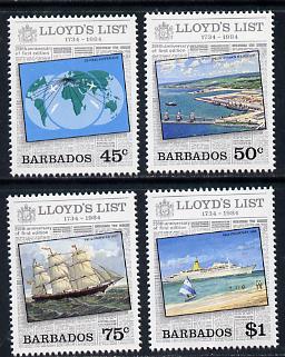 Barbados 1984 Lloyds List set of 4 unmounted mint SG 750-3, stamps on , stamps on  stamps on newspapers, stamps on  stamps on ships