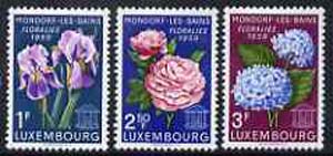 Luxembourg 1959 Flower Show set of 3 unmounted mint, SG 656-58*, stamps on flowers, stamps on roses, stamps on iris