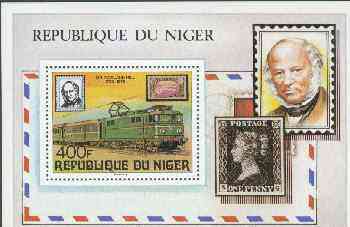 Niger Republic 1979 Rowland Hill (Electric Loco) Perf m/sheet, unmounted mint SG MS 768, stamps on postal, stamps on rowland hill, stamps on stamp on stamp, stamps on railways  , stamps on stamponstamp