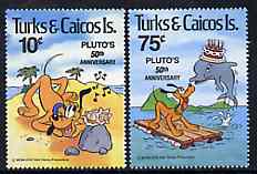 Turks & Caicos Islands 1981 50th Anniversary of Walt Disney's Pluto set of 2, SG 640-41 unmounted mint*, stamps on disney    cartoons    shells     dolphins