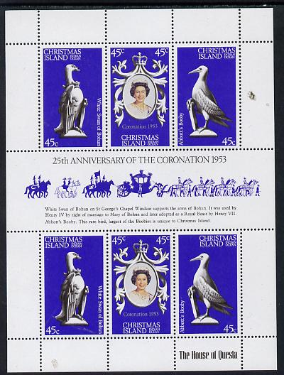 Christmas Island 1978 Coronation 25th Anniversary sheetlet (QEII, Swan & Booby) SG 96a unmounted mint, stamps on birds, stamps on royalty, stamps on coronation, stamps on arms, stamps on heraldry