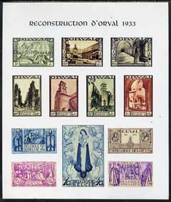 Belgium - Exhibition sheet inscribed Reconstruction DOrval 1933 comprising colour reproductions of the Orval Abbey Restoration Fund set of 12 unmounted mint, stamps on churches, stamps on cinderella, stamps on cathedrals