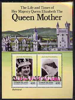 St Vincent - Union Island 1985 Life & Times of HM Queen Mother (Leaders of the World) m/sheet showing Balmoral unmounted mint, stamps on buildings    royalty     queen mother