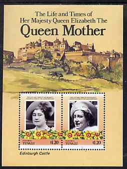 Tuvalu - Nanumea 1985 Life & Times of HM Queen Mother (Leaders of the World) m/sheet showing Edinburgh Castle unmounted mint, stamps on royalty    queen mother    castles, stamps on scots, stamps on scotland