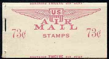 United States 1949 73c Air Mail booklet containing 2 panes of 6 x 6c stapled at left with both panes and covers miscut (through centre of stamp) fine exhibition item, stamps on aviation