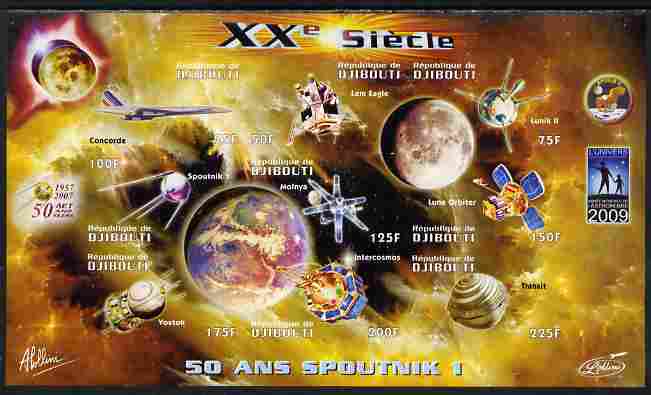 Djibouti 2009 50th Anniversary of Sputnik #03 imperf sheetlet containing 9 values unmounted mint, stamps on space, stamps on sputnik, stamps on satellites, stamps on aviation, stamps on concorde, stamps on planets, stamps on 