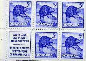 Canada 1954 Beaver 5c blue unmounted mint booklet pane (5 stamps plus label) SG 473a, stamps on animals    beaver