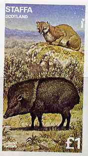 Staffa 1977 Wild Animals (Puma & Peccary) imperf souvenir sheet (Â£1 value) unmounted mint, stamps on animals, stamps on cats, stamps on pigs, stamps on swine